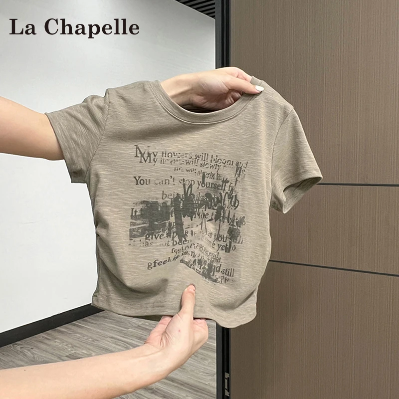 拉夏贝尔美式印花正肩t恤爆款夏季2025新款显瘦收腰短款正肩上衣