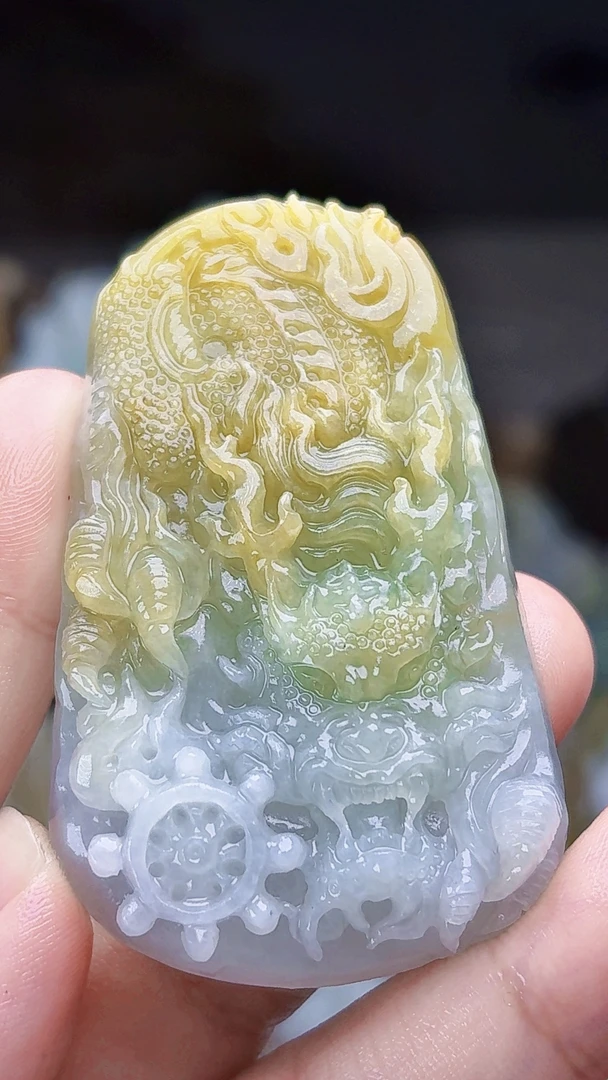 天然缅甸翡翠冰胶黄加绿龙牌毛货买断需抛光尺寸63-39-12