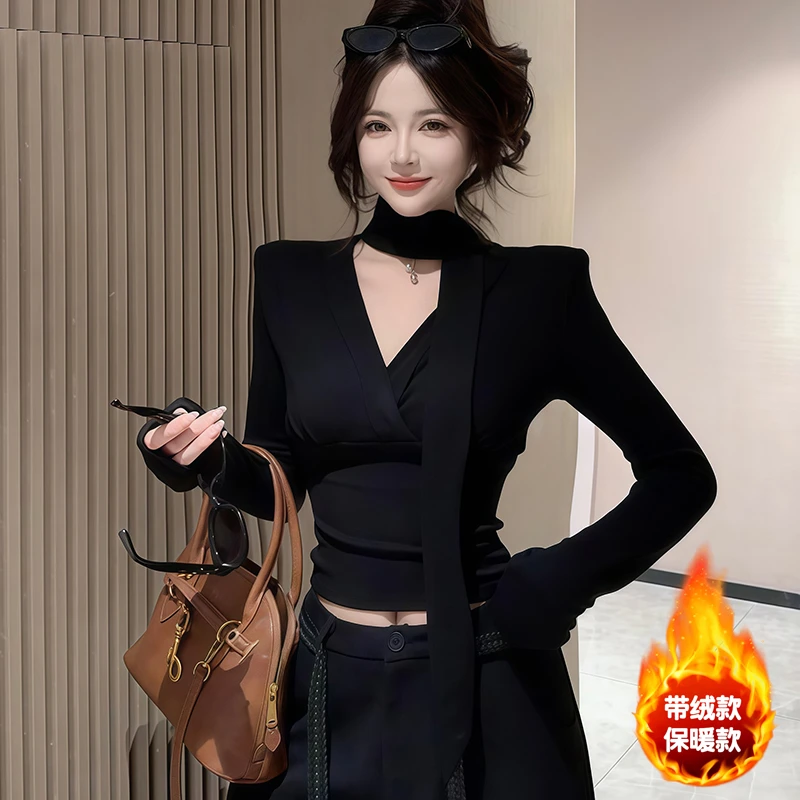 纯欲性感辣妹风V领飘带长袖T恤女秋冬新款保暖修身显瘦打底衫内搭