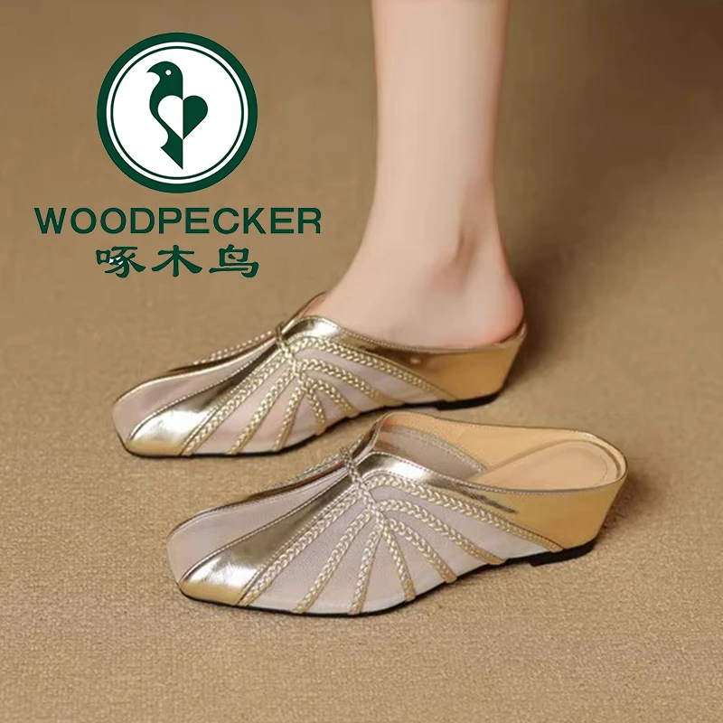 啄木鸟时尚法式拼接网纱透气包头半拖鞋女2025夏季新款软皮穆勒鞋