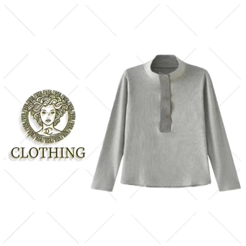 【CLOTHING/原创设计】拼接POLO衫女针织打底衫单排扣立领c05c55