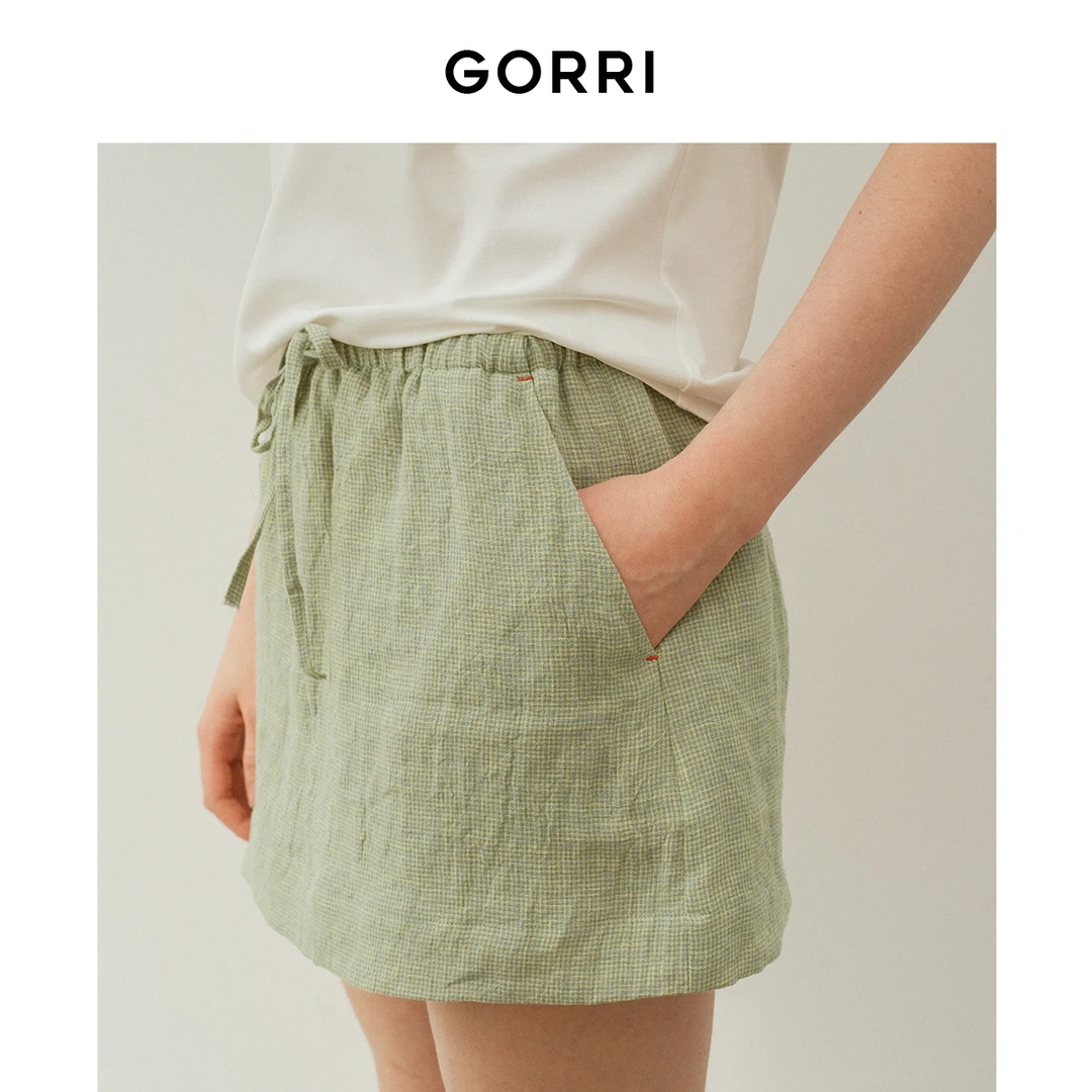 GORRI进口亚麻短裙抽绳防走光高端天然透气干爽半身裙