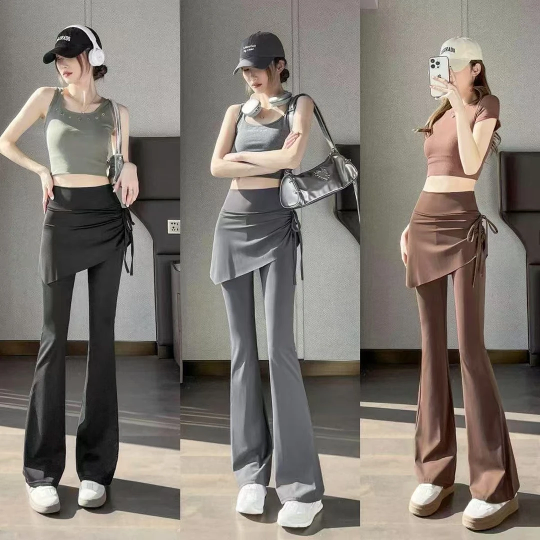 2025新款假两件抽绳微喇叭裤高腰显瘦运动微喇裤裤裙夏季