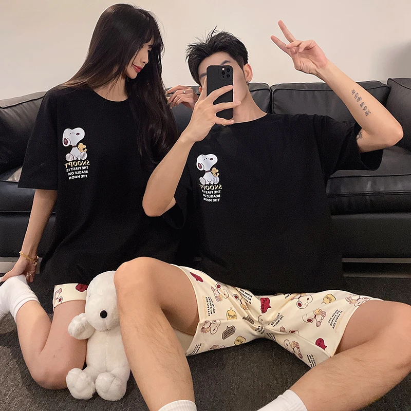 情侣短袖睡衣夏季新款史努比短袖短裤宽松卡通情侣夏天家居服套装
