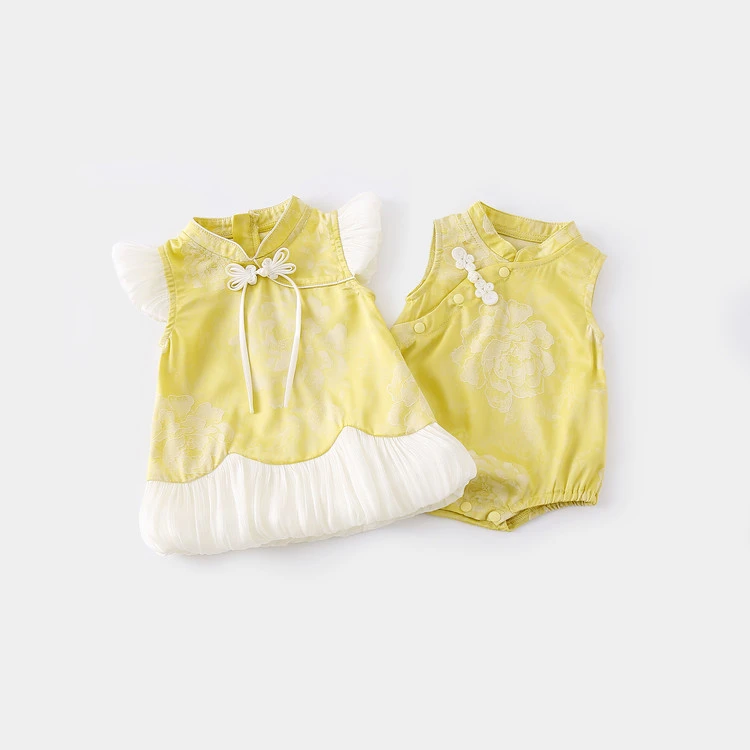 新款多色潮款洋气2025新款夏季婴儿包屁衣黄色花朵设计宝宝连体裙