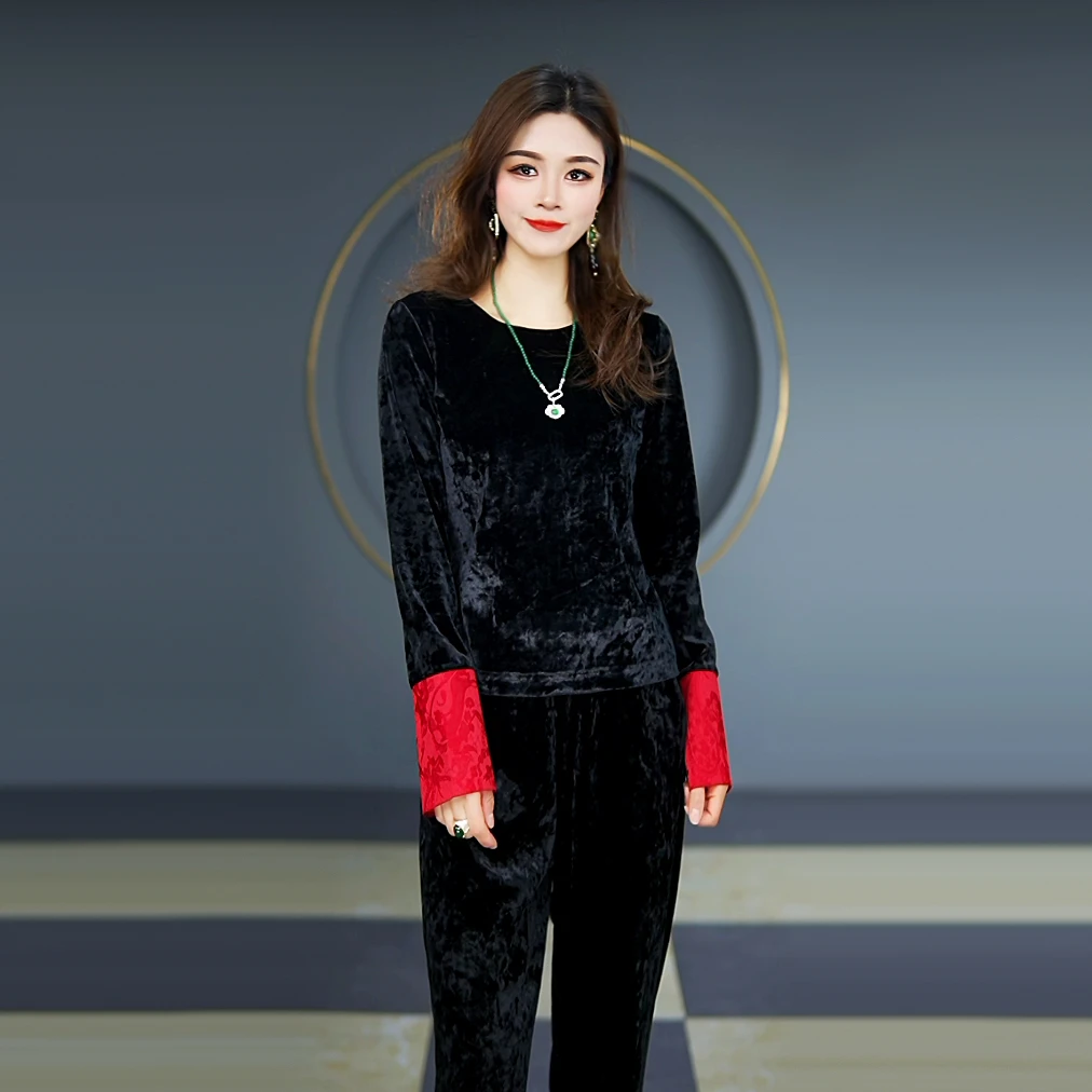 如歌年代2025春季新款钻石绒缎面拼接弹力打底衫新中式百搭显瘦T