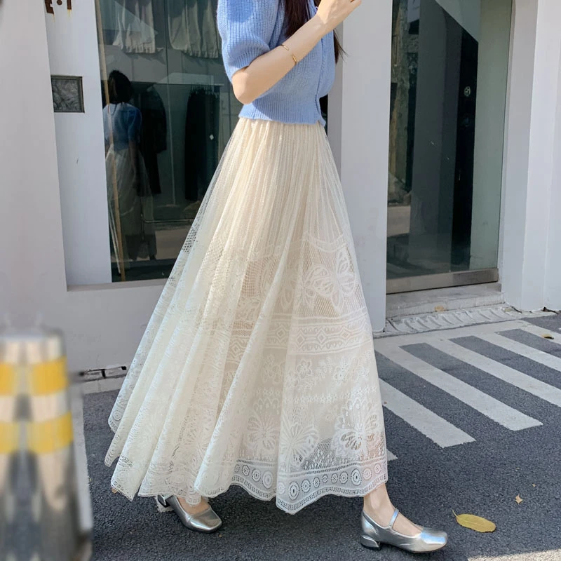 蕾丝打底半身裙女春夏2025新款镂空大摆长裙高腰显廋A字网纱长裙