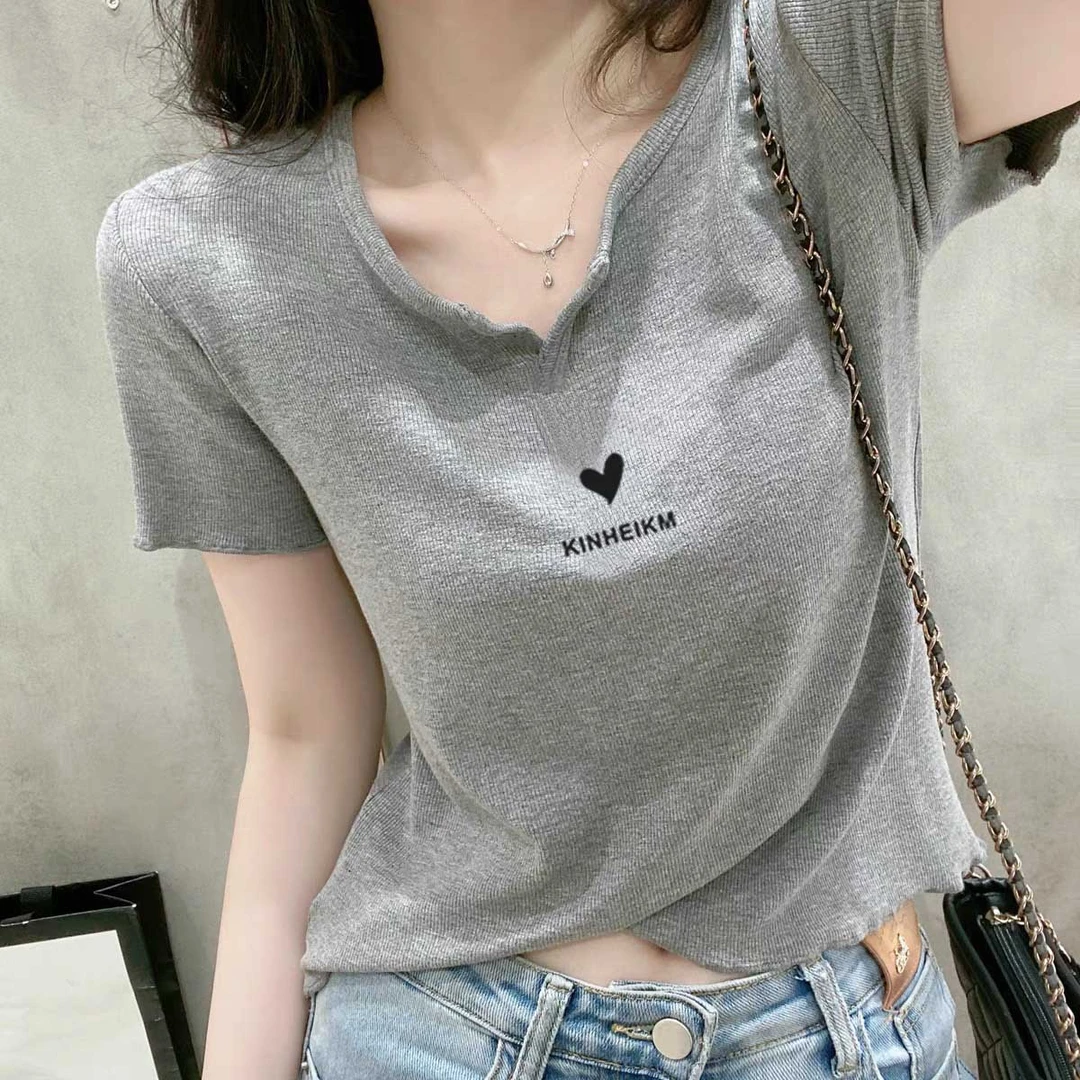 正肩螺纹小v领短袖t恤女潮时尚百搭修身显瘦灰色上衣打底衫春夏秋