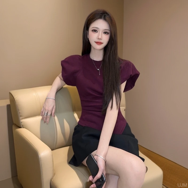 圆领绝美夏季收腰新款显瘦不规则2025别致小爆款T恤女上衣泡泡袖