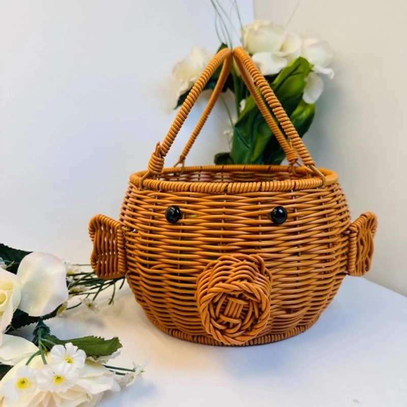 小猪造型提篮采摘提篮户外野餐篮编织水果篮花篮外出茶具收纳篮