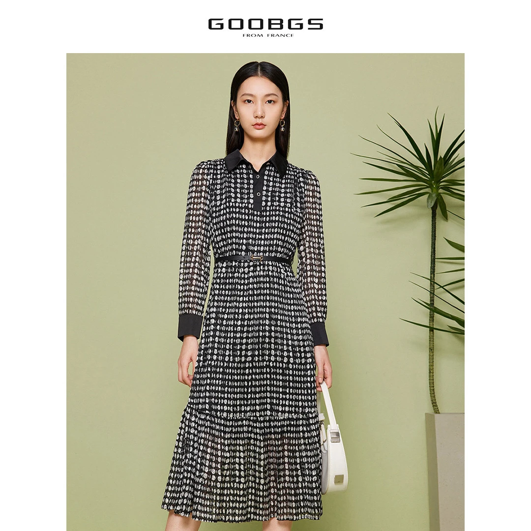 GOOBGS/谷邦黑白圆点满印收腰连衣裙春秋小众修身G2341680