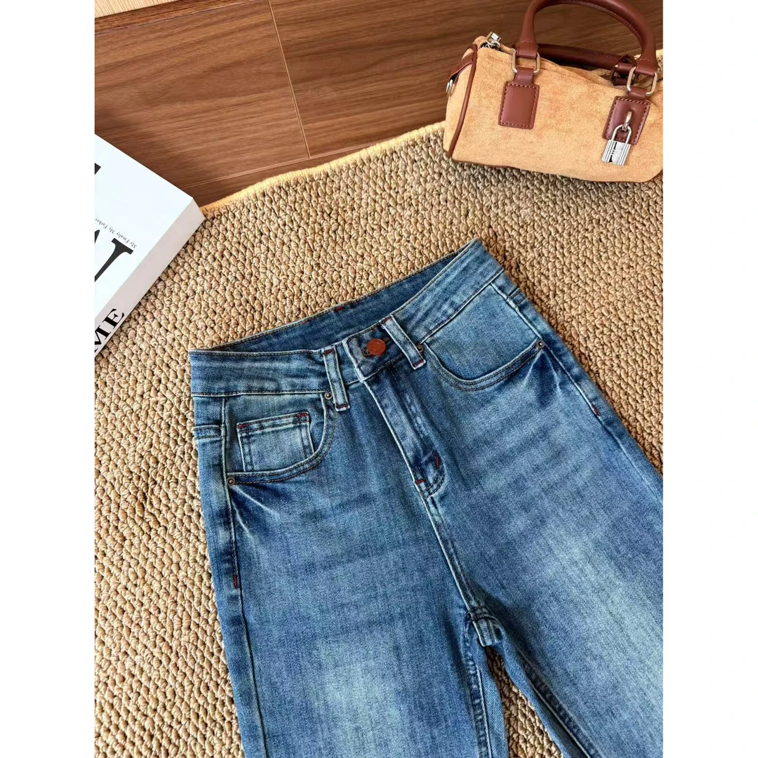 QiQi【法式烟管】2025早秋新款九分牛仔裤弹力垂感显瘦烟管裤-4003