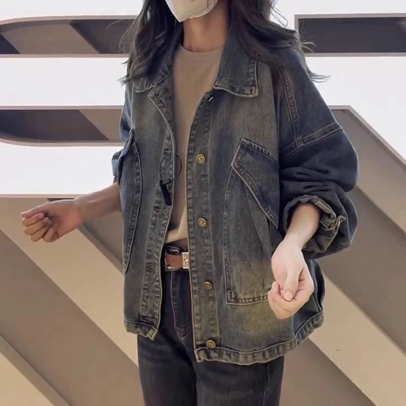 迪卡侬贵宾【热卖款】春秋新款牛仔外套女复古港风宽松显瘦做旧大码