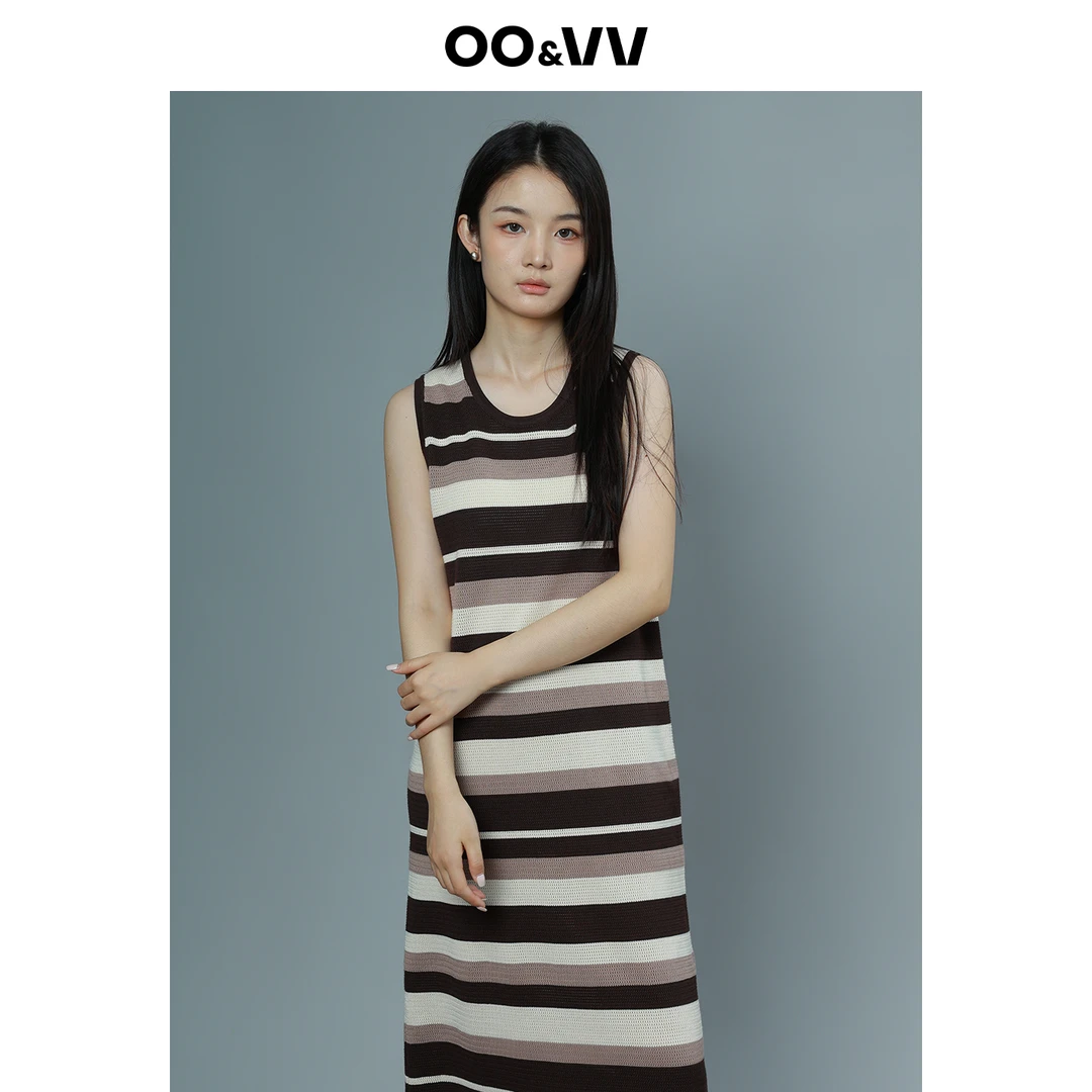 OO&VV条纹圆领夏季彩虹条纹麻纱连衣裙连衣裙欧若动感风