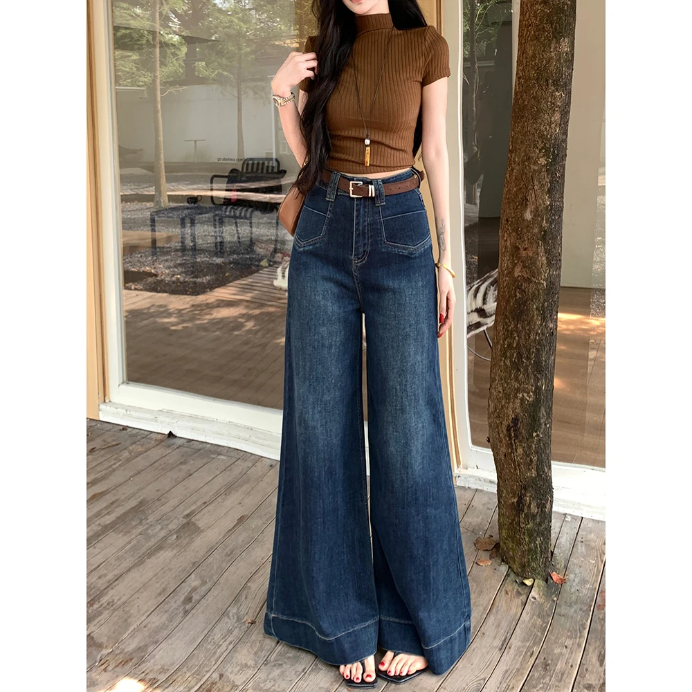 复古深蓝色大阔腿牛仔裤女秋季新款高腰宽松显瘦口袋设计直筒裤子