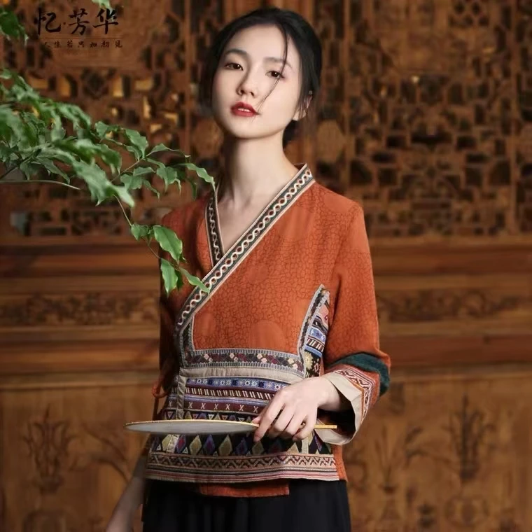 民族风棉麻提花刺绣斜襟盘扣改良汉服女短款外套