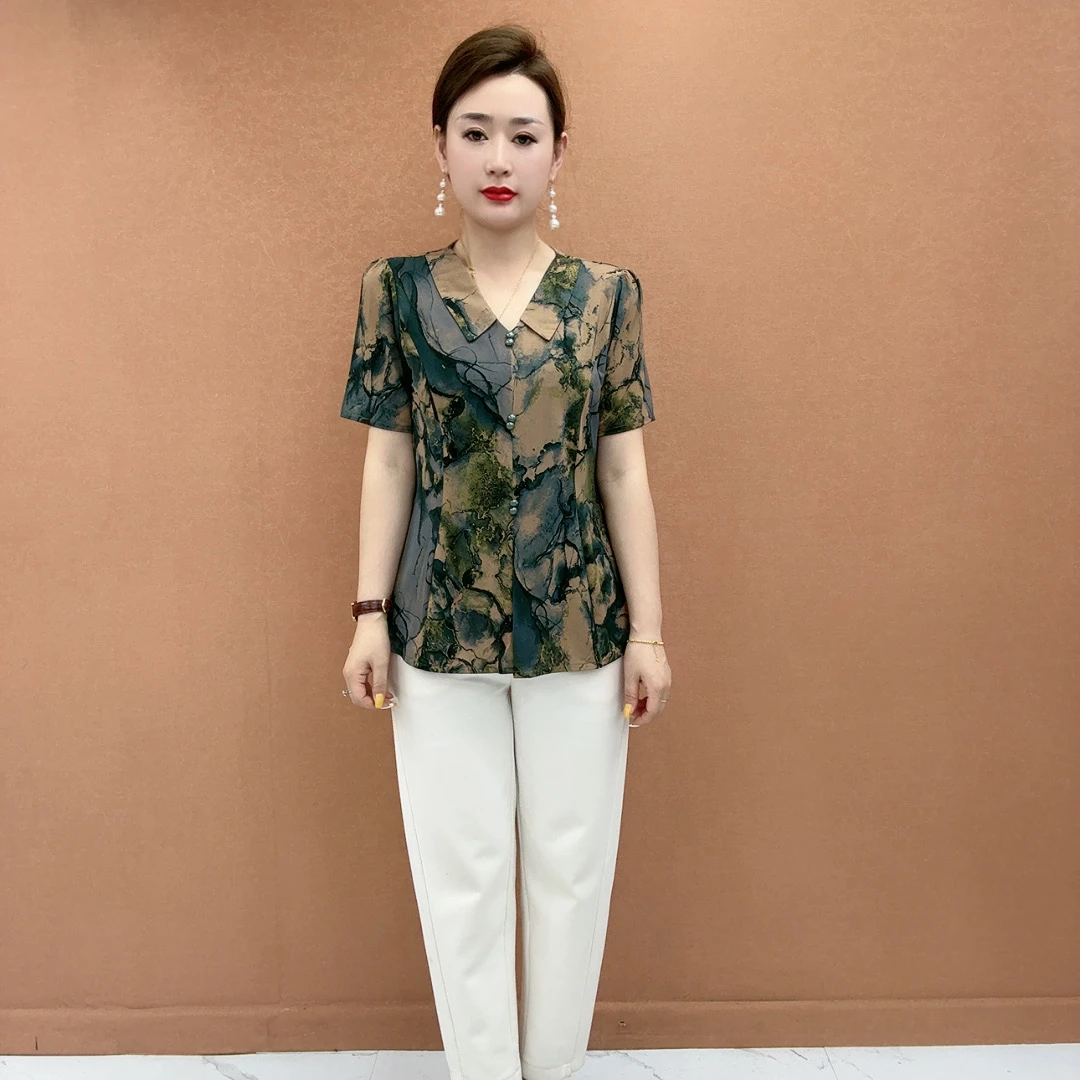 2025夏季新款时尚洋气百搭显瘦减龄气质妈妈装短袖印花上衣女士