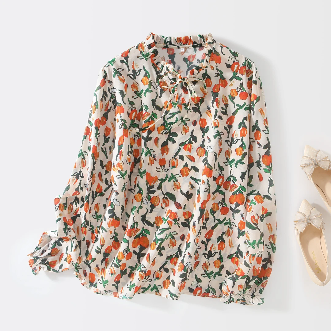 100桑蚕丝春秋款双绉【郁金香花】色衬衫