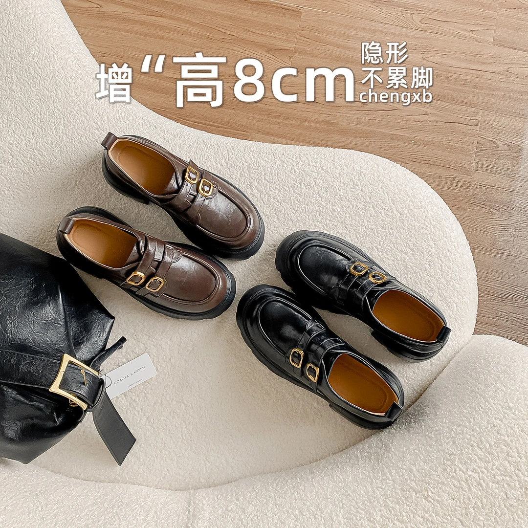 【葡萄茵】内增高厚底孟克鞋双扣乐福鞋复古英伦学院风jk小皮鞋女