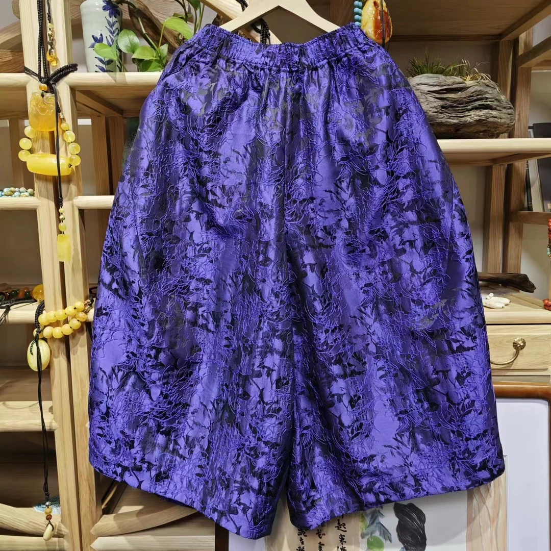 凤徕兮私人定制蓝紫色暗纹全松紧大脚裤LK067-4