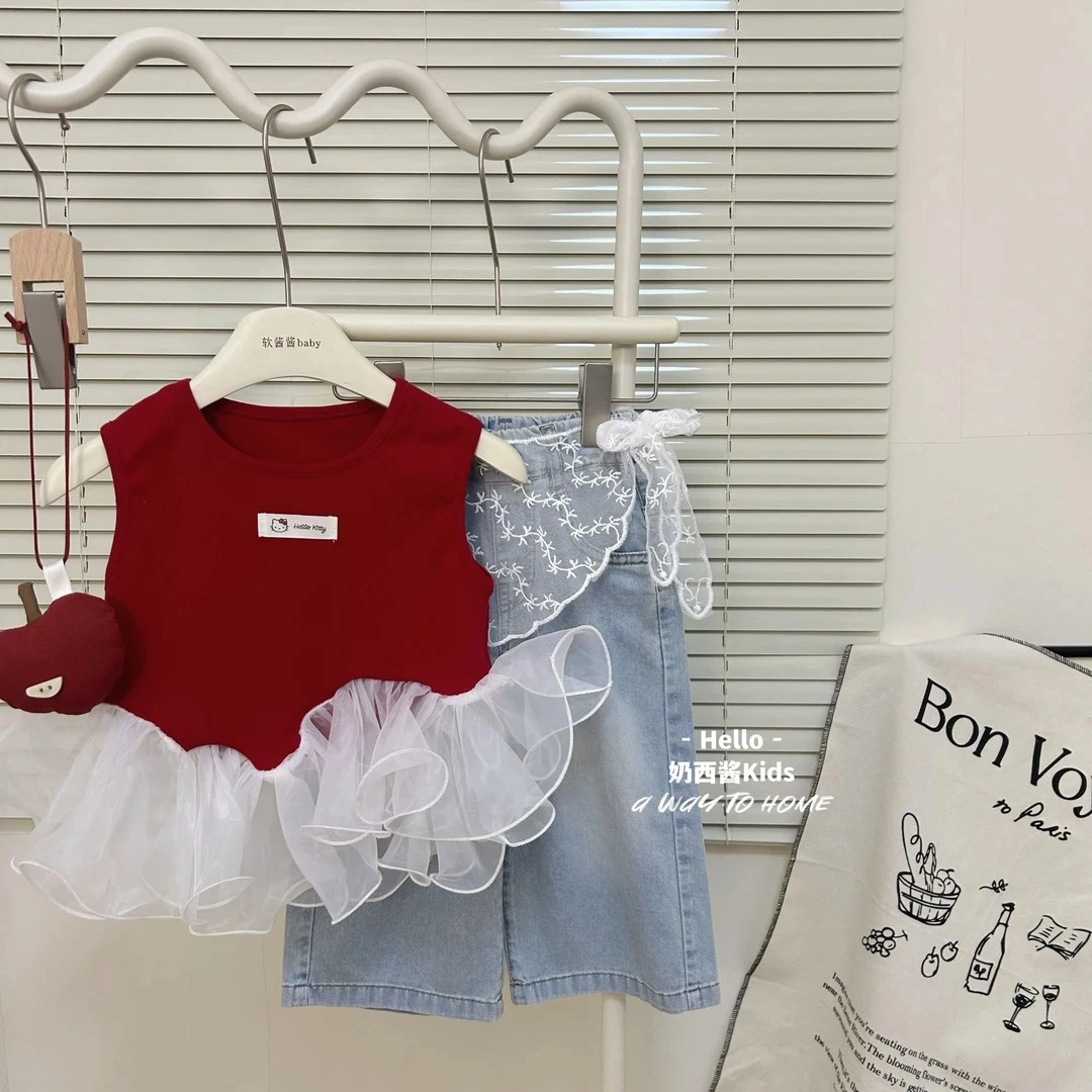 韩国童装女童套装2025夏季新款女孩甜美薄款网纱拼接吊带牛仔裤子