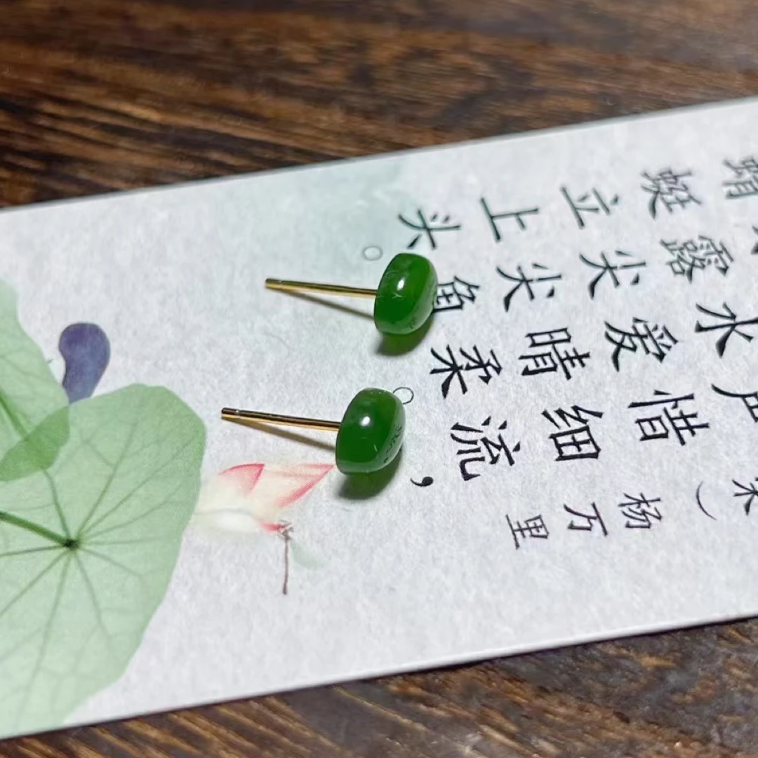 和田玉碧玉水滴耳钉，s925银镶嵌