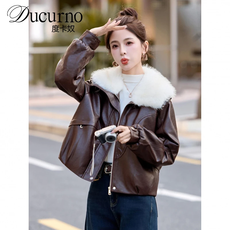 气质毛绒大翻领皮衣加绒加厚外套女2025冬季保暖短款PU皮夹克服潮