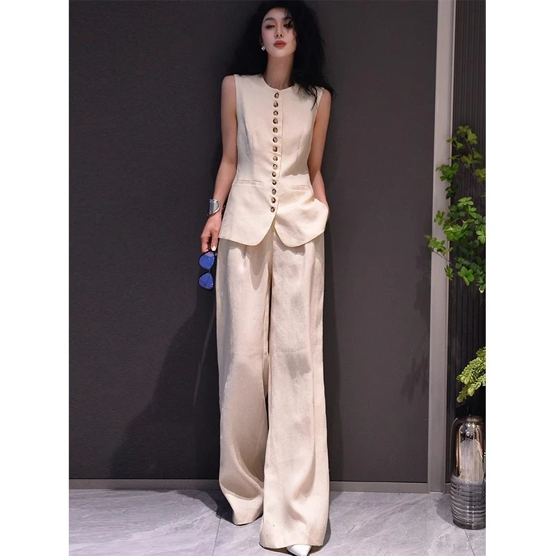 夏季女装2025新款时尚高级感老小香风松弛感西装马甲阔腿裤两件套