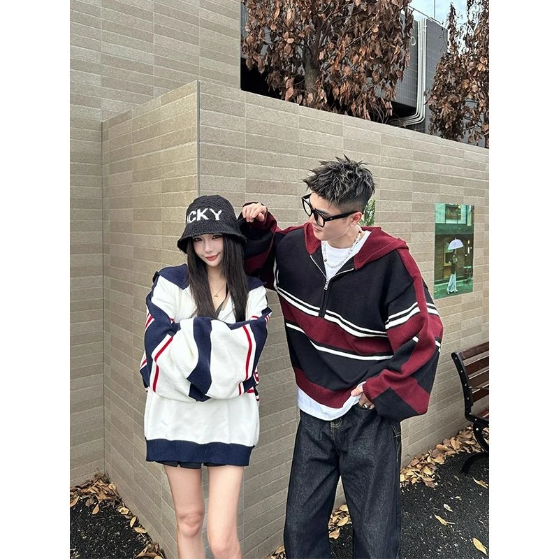 高级感撞色条纹拉链毛衣男款慵懒松弛感情侣装秋冬连帽针织衫上衣