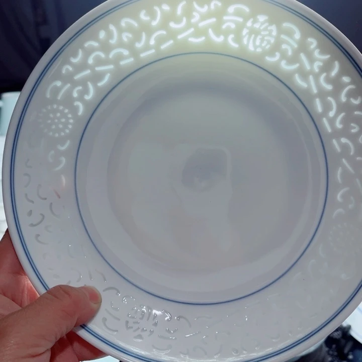 青花玲珑8寸窝盘满雕双福双线