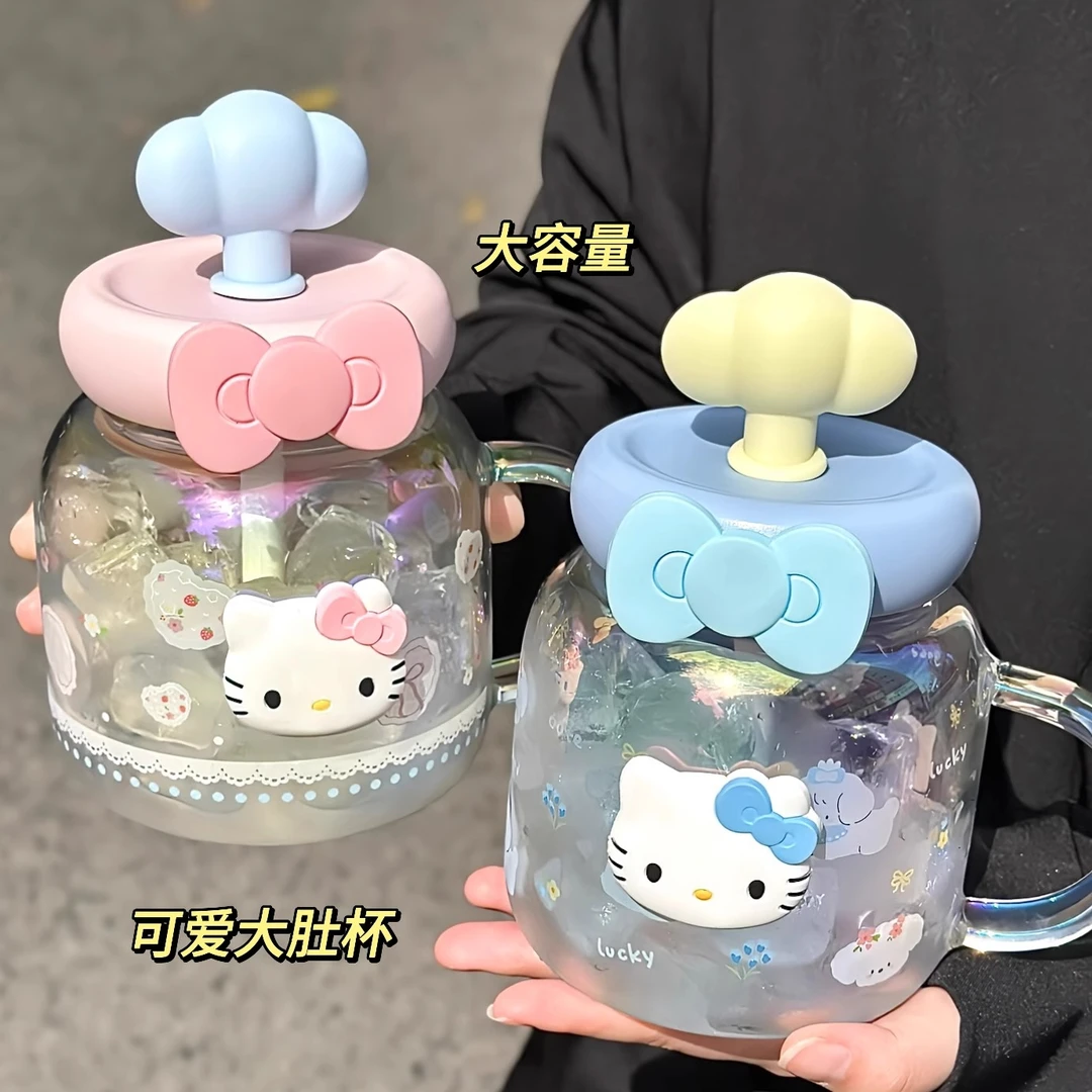 HelloKitty玻璃杯女生高颜值2025新款大容量带手柄吨吨吸管大肚杯
