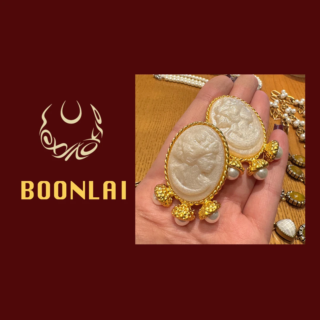 铜合金仿珍珠耳饰  Boonlai  中古椭圆浮雕珠珠耳环1451