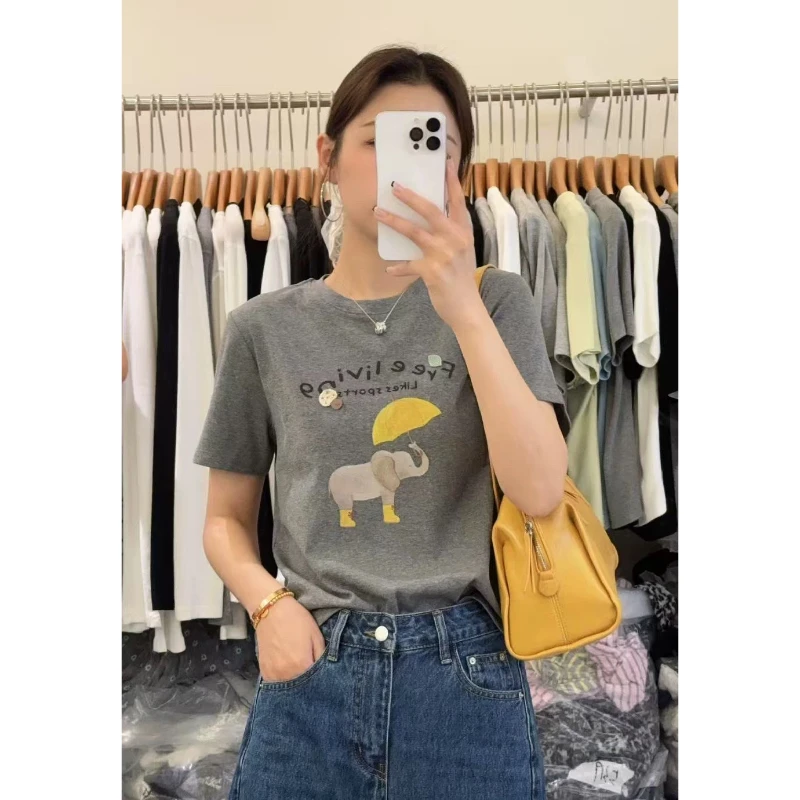 【欧加粒粒】2025夏季正肩卡通大象打伞印花圆领短袖T恤 B25033031