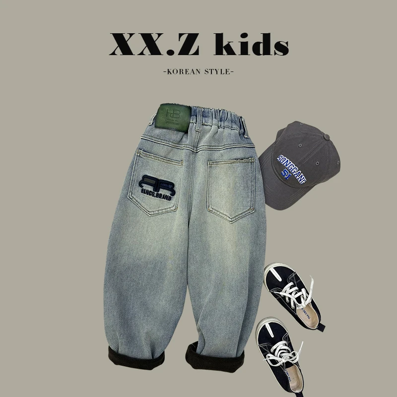 qc阿卷冬装儿童韩版刺绣字母口袋贴标个性牛仔加绒裤子SJ2229