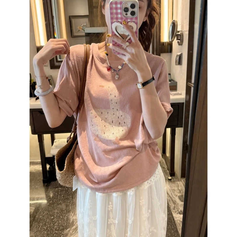 粉色甜美风夏季时尚百搭休闲风韩版大鹅印花宽松圆领短袖T恤ins潮