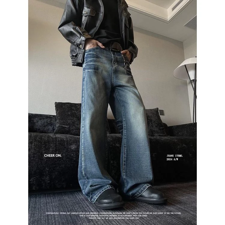 【KIKI】美式高街牛仔裤男水洗折痕复古百搭直筒微喇潮牌裤N6054