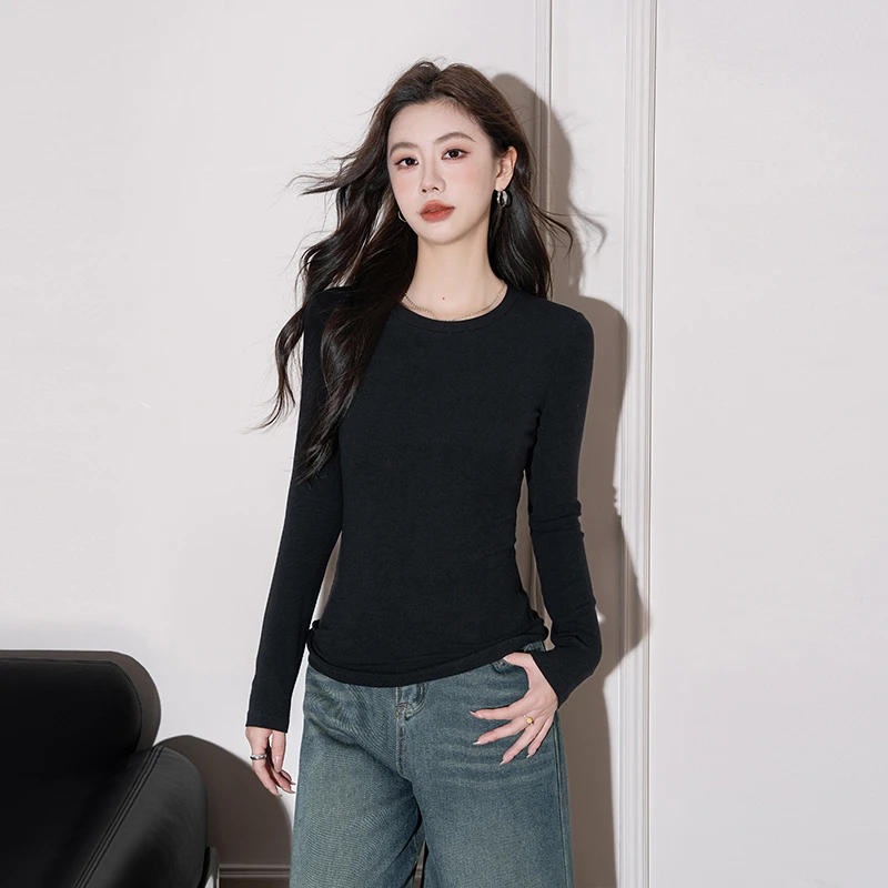 黑色圆领正肩显瘦打底衫女新款纯色T恤通勤内搭修身气质针织长袖