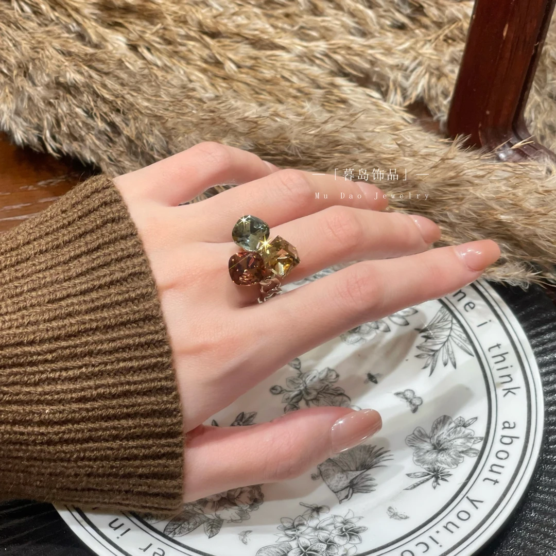 【暮岛饰品】彩色锆石拼接活口戒指轻奢A055