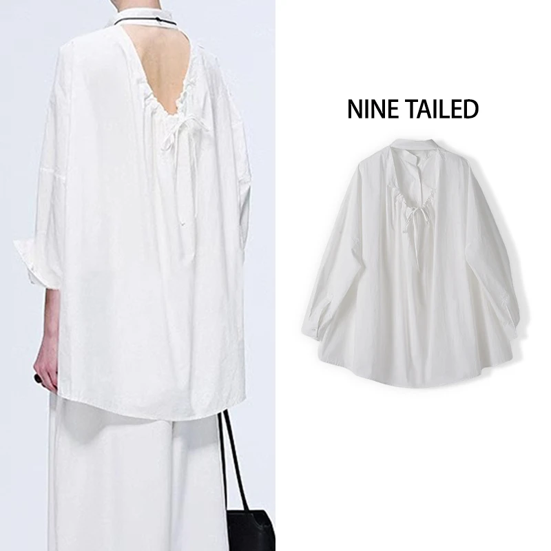 YIYI-【漂亮夏天】慵懒随性80S精梳棉露背衬衣立领衬衫YY25LL-SY17