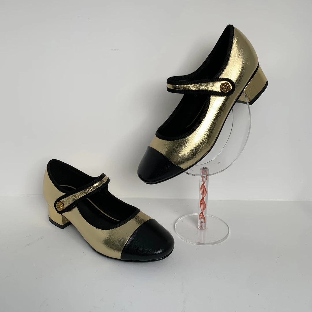 圆头拼接款低跟玛丽珍JZ1121