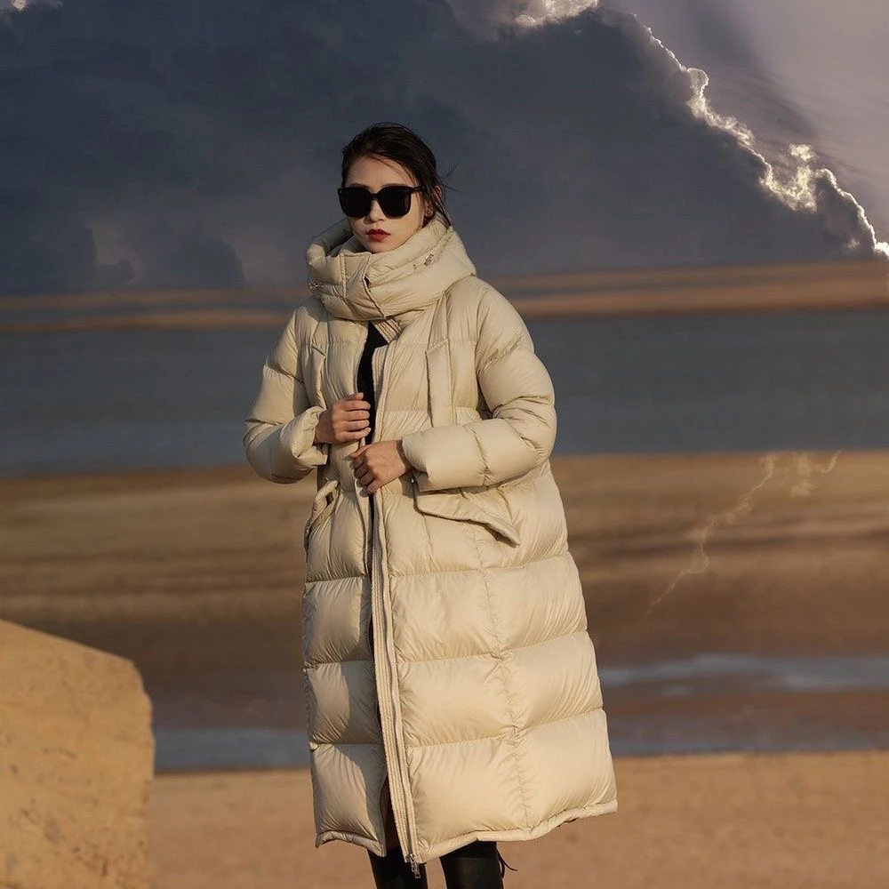 白鸭绒女长款过膝冬季韩版时尚加厚保暖连帽外套爆款