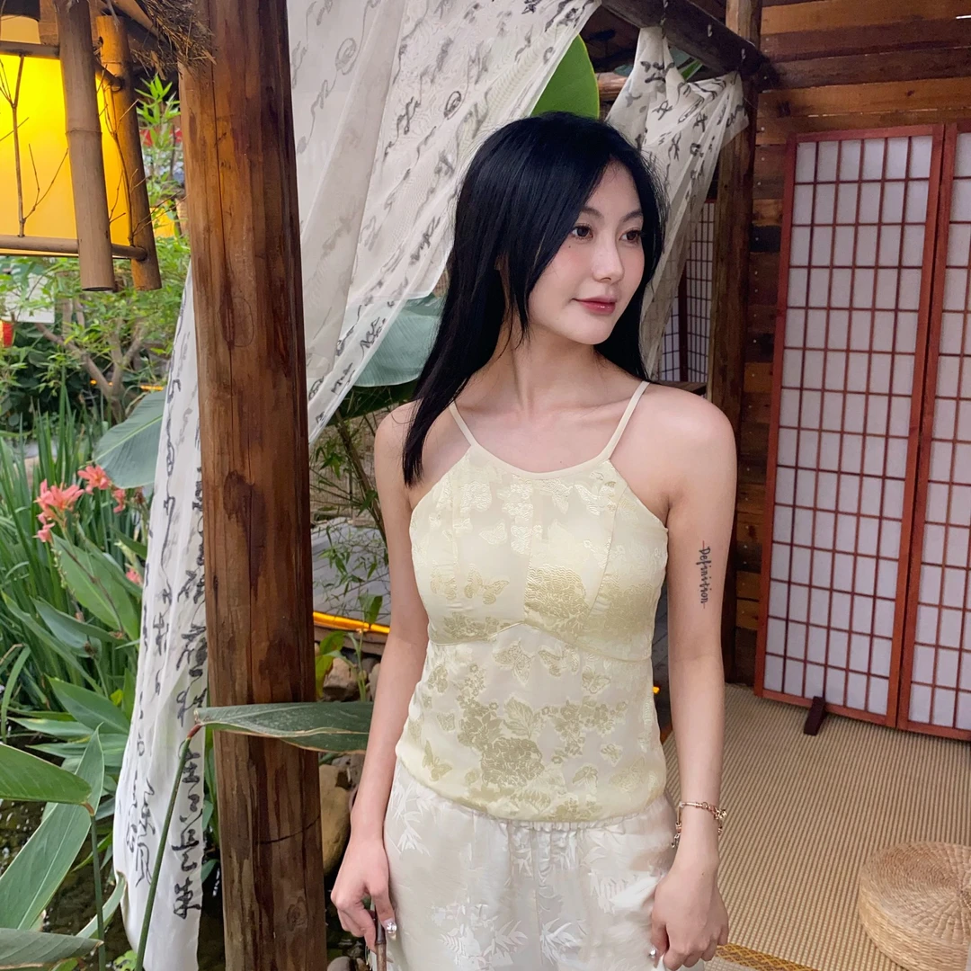 【罗衣雅颂】0504 满分真丝 桑蚕丝带胸垫新中式国风吊带美背上衣