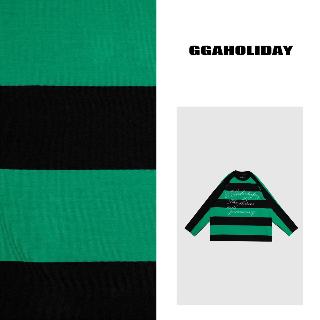 25早春新款轻奢高级感美式街头潮流设计黑绿条纹长袖T恤 151201