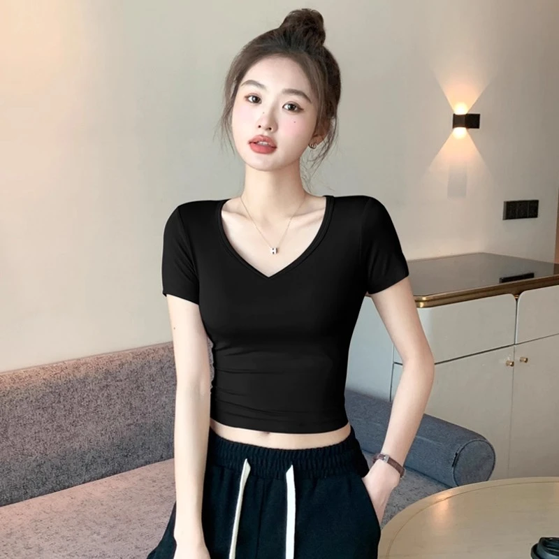 黑色v领短款t恤女2025新款夏季紧身显瘦短袖露脐低领半袖辣妹上衣