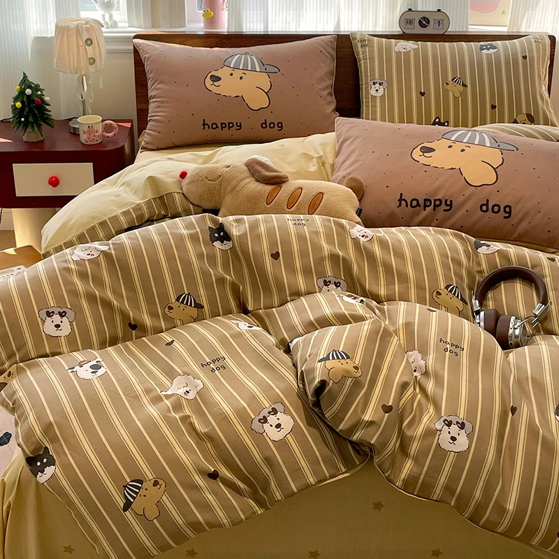 手拉手【条纹星狗】纯棉全棉床上四件套被套宿舍三件套床单床笠ins