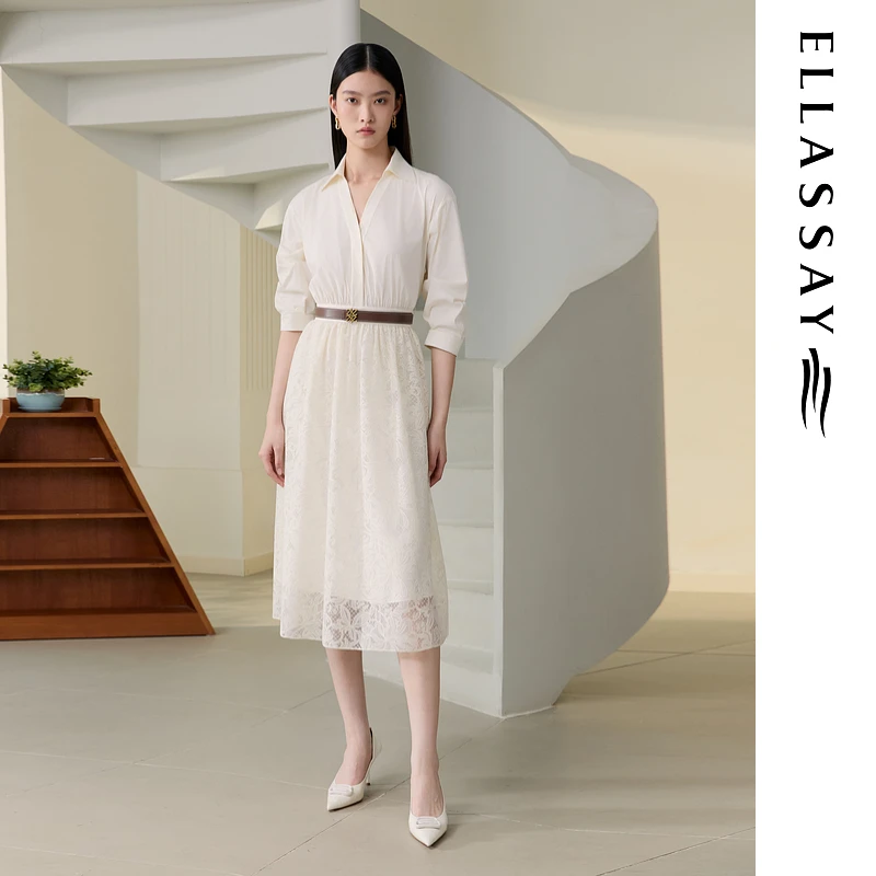 ELLASSAY歌力思2025早秋新款棉镂空蕾丝剪裁连衣裙女EWU363Y00900