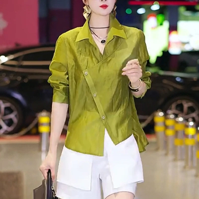 夏季新款洋气衣服女设计感小众不规则小众衬衫微透衬衣显瘦上衣潮