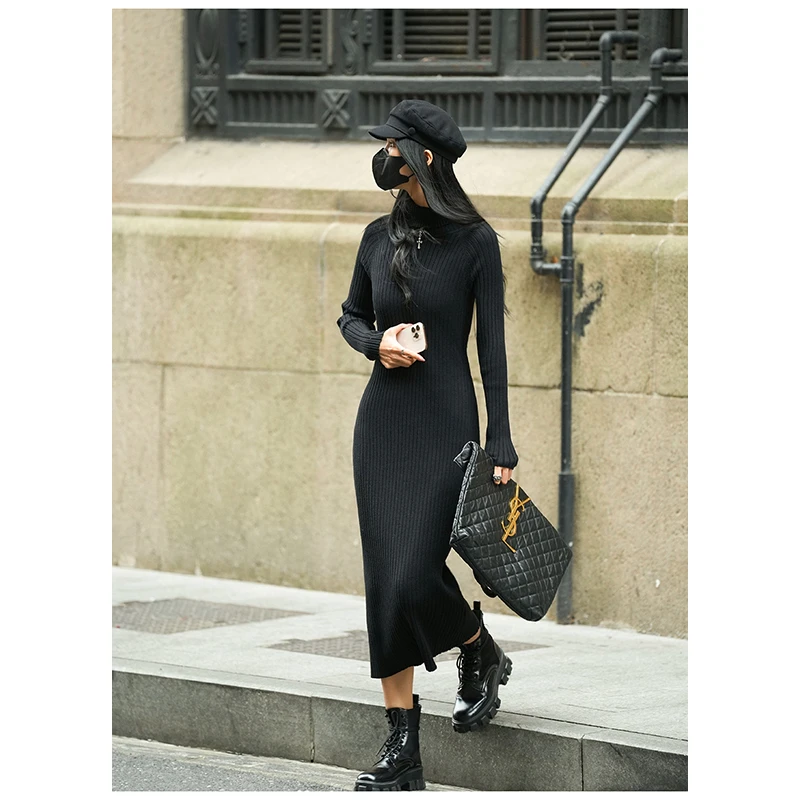 黑色高领针织连衣裙女2025秋季新款百搭收腰显瘦中长款打底毛衣裙