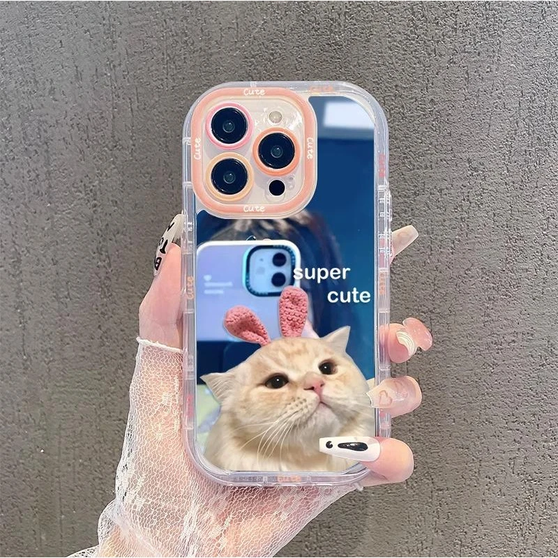镜面泡芙可爱猫咪适用苹果16手机壳iphone15华为小米vivo14oppo13