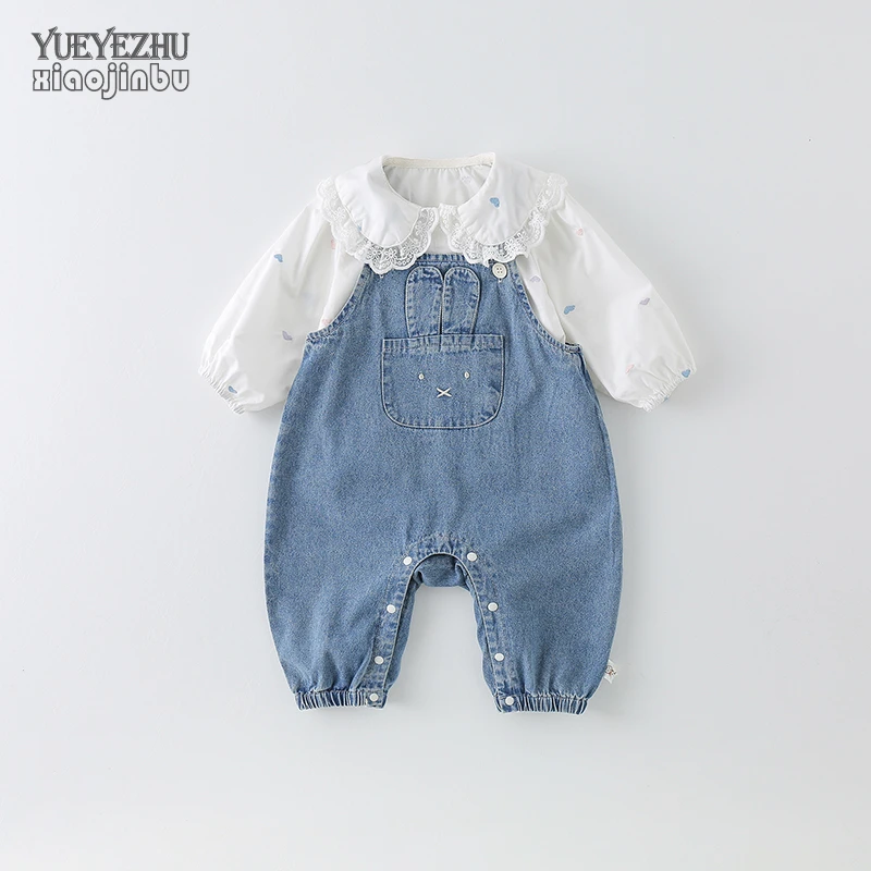 婴儿衣服秋季薄款牛仔背带裤套装女宝宝长袖连体衣春秋装洋气外出